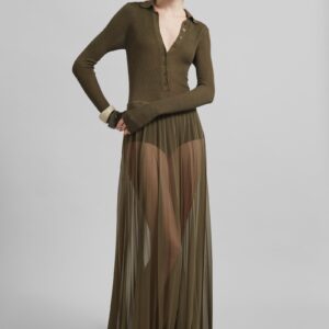 Vallen Pleated Mesh Maxi Skirt - Khaki